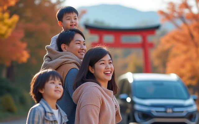 日本の美しい観光地をドライブする家族